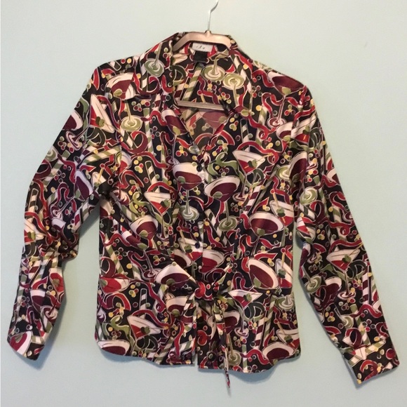 Tops - Martini Print Tie Front Long Sleeve Blouse